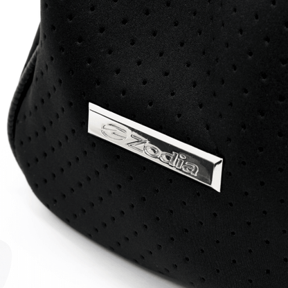 Close-up of Zodia Neoprene Tote Bag showing the brand logo on stylish black material.