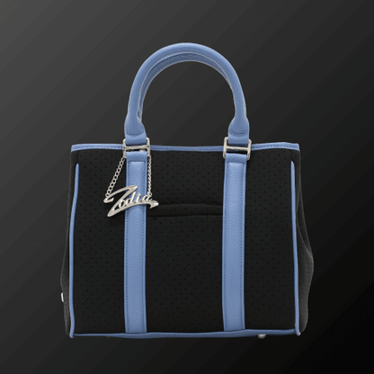 Zodia Neoprene Tote Bag Mini in black and blue, featuring durable material, exterior pocket, and stylish design.