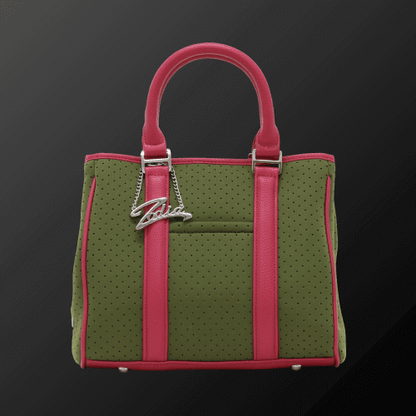 Zodia Neoprene Mini Tote Bag in green with pink straps, featuring an exterior pocket and stylish design suitable for everyday use.