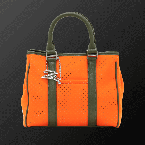 Zodia Neoprene Mini Tote Bag in vibrant orange with olive green straps, featuring exterior pocket and stylish design.