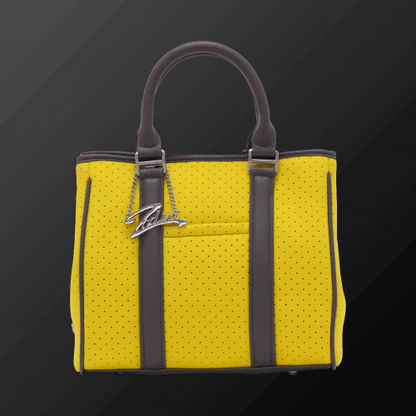 Zodia Neoprene Tote Bag Mini in vibrant yellow with dark brown accents and perforated design, ideal for everyday use.