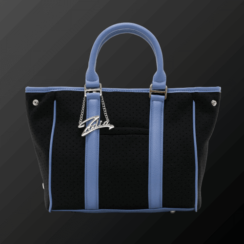 Zodia Neoprene Mini Tote Bag in black and blue with stylish handles and exterior pocket.