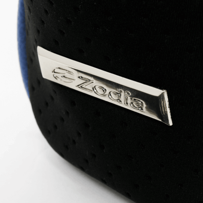 Close-up of the Zodia logo on a neoprene tote bag, showcasing its stylish design and quality craftsmanship.