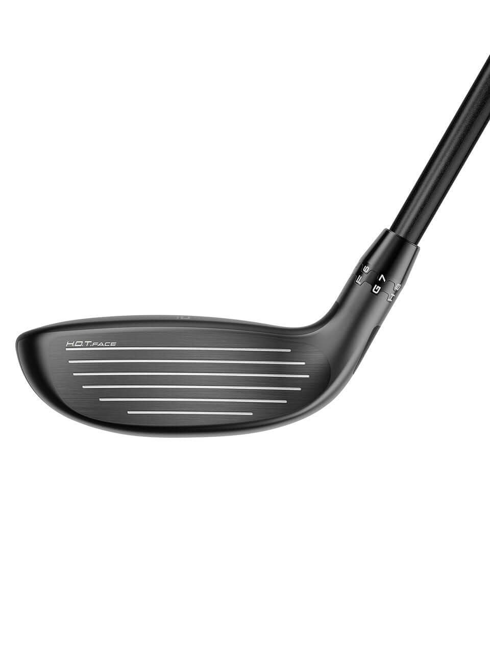 OPTM Hybrid golf club face showing grooves and sleek design for enhanced performance.
