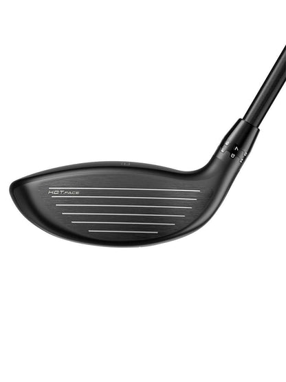 Close-up of OPTM X Fairway clubface showing grooves for improved ball control and performance.
