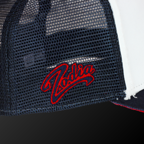 Zodia x NEW ERA 9FORTY cap featuring red embroidered logo on mesh side, showcasing adjustable tricolor design.