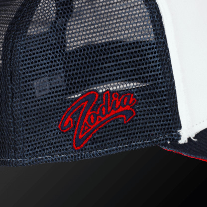 Zodia x NEW ERA 9FORTY cap featuring red embroidered logo on mesh side, showcasing adjustable tricolor design.