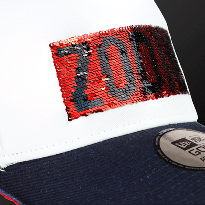 Zodia x NEW ERA 9FORTY cap with sequin logo, adjustable, tricolor, reversible design, cotton material.