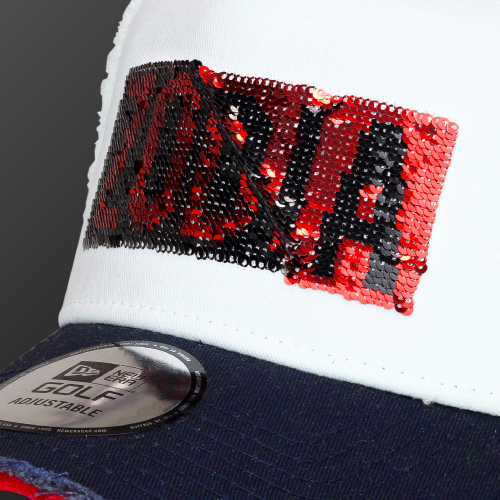 Zodia x NEW ERA 9FORTY cap featuring reversible sequin logo design in tricolor, adjustable fit, and stylish cotton material.