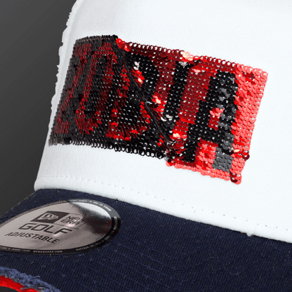 Zodia x NEW ERA 9FORTY cap featuring reversible sequin logo design in tricolor, adjustable fit, and stylish cotton material.