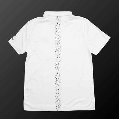 Back view of Zodia Splash Polo Shirt in monotone, featuring a unique splash design and silicone logo on sleeves.