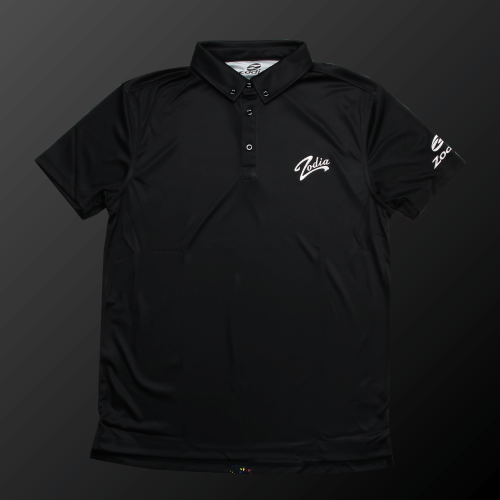 Zodia Splash Polo Shirt in black with silicone logo and cooling contact material for summer comfort.