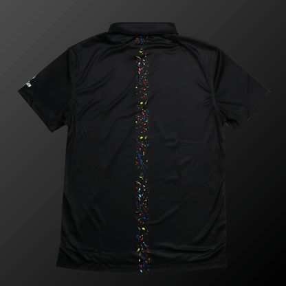 Zodia Splash Polo Shirt in black with colorful vertical splash design on the back, perfect for summer wear.