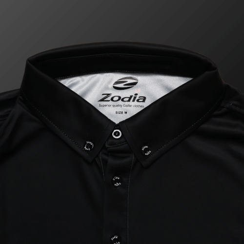 Zodia black polo shirt collar featuring the brand logo, designed for superior comfort and style in summer wear.