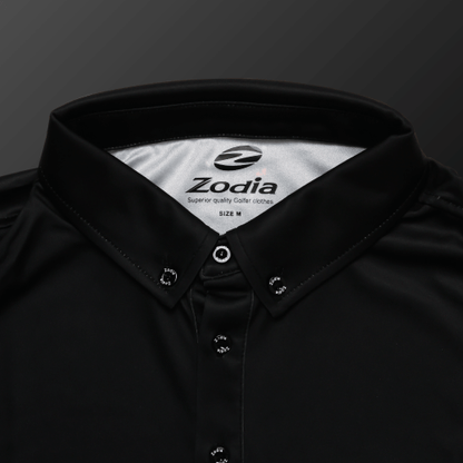 Zodia black polo shirt collar featuring the brand logo, designed for superior comfort and style in summer wear.