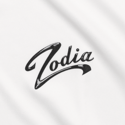 Zodia logo in stylish black design on a white fabric, showcasing the brand's identity for polo shirts.
