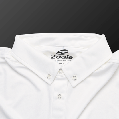 Zodia white polo shirt collar with logo, designed for comfort and style in summer golf attire.