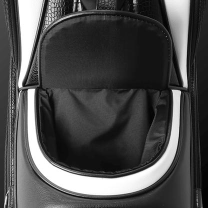 Close-up of the magnetic pocket on Zodia Standard Caddie Bag, showcasing its sleek black and white design.
