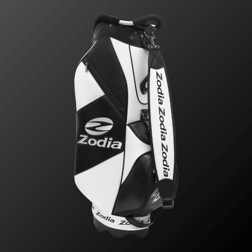 Zodia Standard Caddie Bag in black and white with caiman pattern and spacious front pocket.