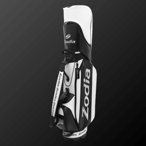Zodia Standard Caddie Bag in black and white with caiman pattern, featuring stylish design and storage pockets.