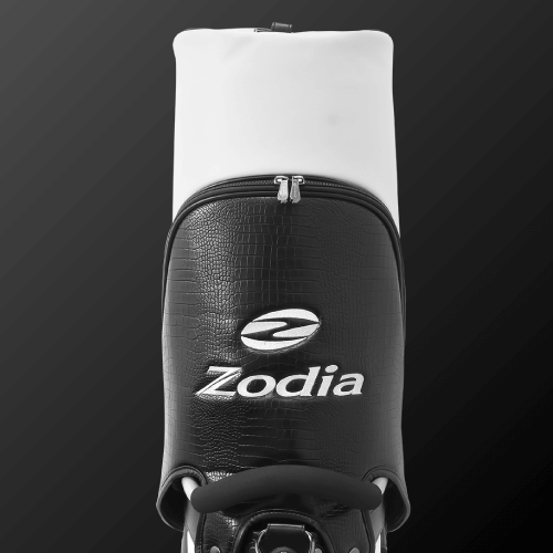 Zodia Standard Caddie Bag featuring luxurious caiman pattern and sleek black and white design, showcasing storage zippered pocket.