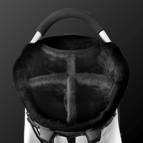 Interior view of Zodia Standard Caddie Bag, featuring plush black lining and divided compartments for clubs.
