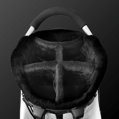 Interior view of Zodia Standard Caddie Bag, featuring plush black lining and divided compartments for clubs.
