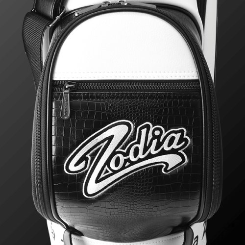 Zodia standard caddie bag with caiman pattern and logo in black and white design.