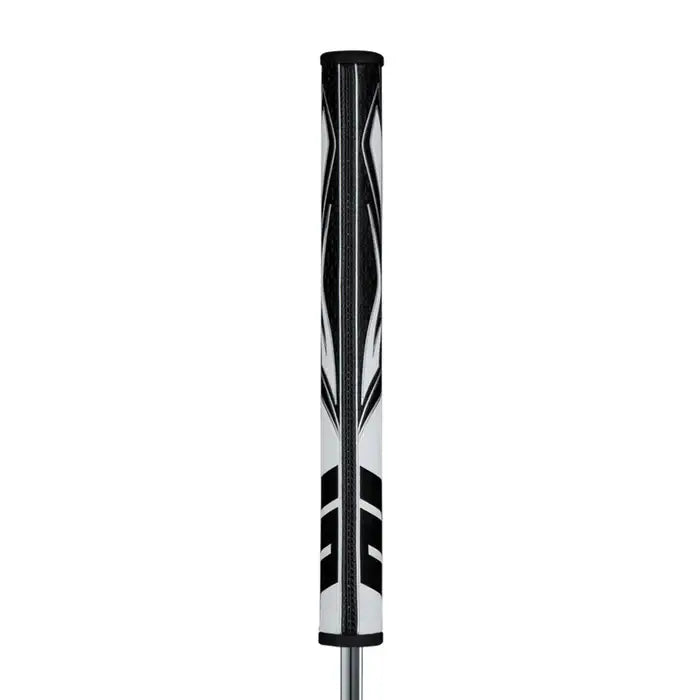 SuperStroke Zenergy Flatso putter grip with a sleek black and white design, showcasing its unique pentagonal profile.