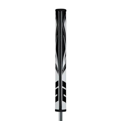 SuperStroke Zenergy Flatso putter grip with a sleek black and white design, showcasing its unique pentagonal profile.