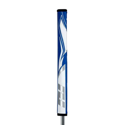 SuperStroke Zenergy Flatso putter grip with blue and white design, featuring a pentagonal shape for optimal performance.