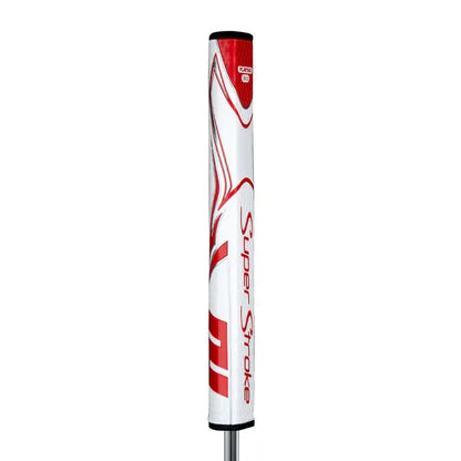 SuperStroke Zenergy Flatso putter grip showcasing red and white design, featuring a pentagonal shape for improved feel and feedback.