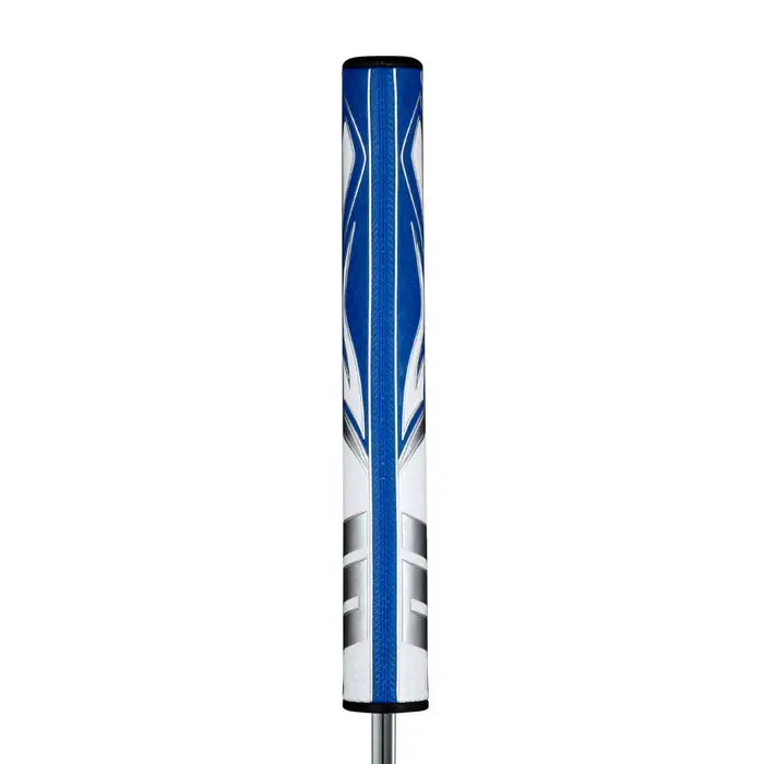 SuperStroke Zenergy Flatso putter grip featuring a unique blue and white design with pentagonal profile for enhanced feel.