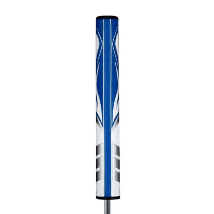 SuperStroke Zenergy Flatso putter grip featuring a unique blue and white design with pentagonal profile for enhanced feel.