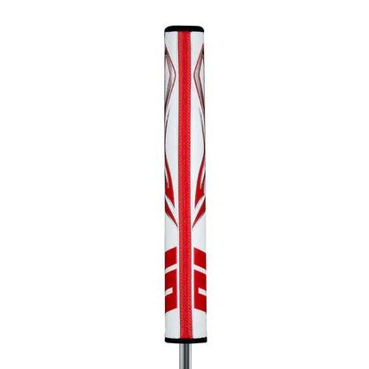 SuperStroke Zenergy Flatso putter grip with red and white design, featuring enhanced Spyne technology and multi-zone texturing.