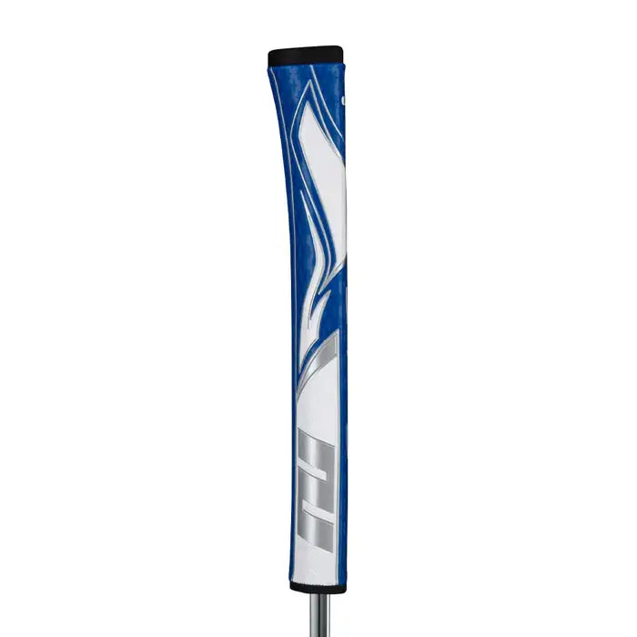 SuperStroke Zenergy Pistol putter grip in blue, designed for enhanced grip pressure and consistency in golfing strokes.