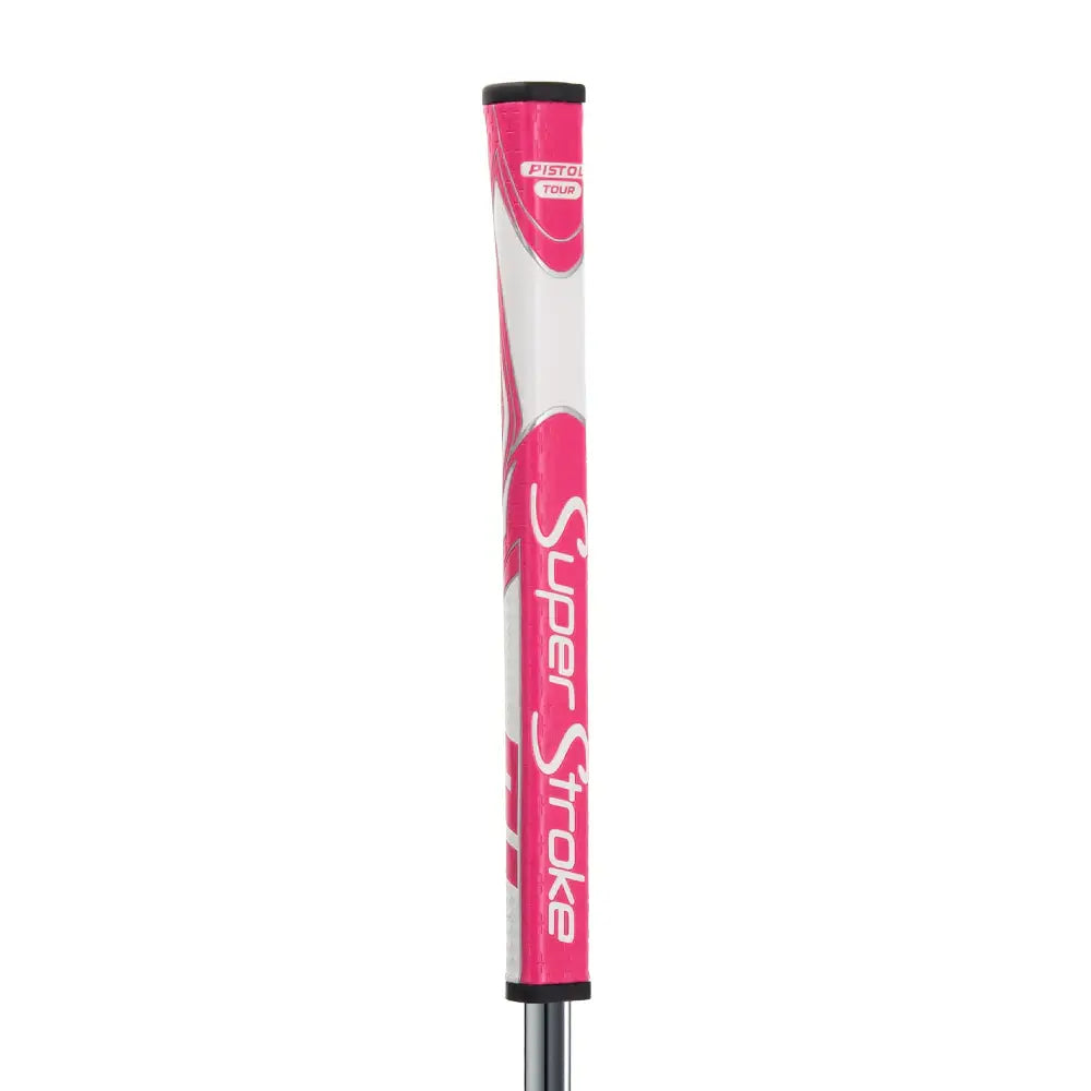SuperStroke Zenergy Pistol Putter Grip in pink and white, designed for consistency and comfort in golf putting.