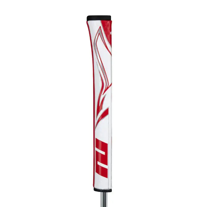 SuperStroke Zenergy Pistol putter grip in red and white, featuring No Taper Technology for enhanced grip consistency.