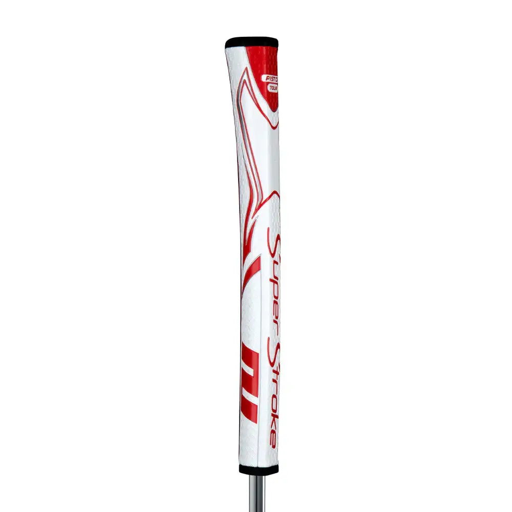 SuperStroke Zenergy Pistol putter grip in white and red, featuring no taper technology for consistent strokes.