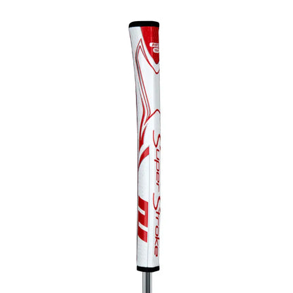 SuperStroke Zenergy Pistol putter grip in white and red, featuring no taper technology for consistent strokes.