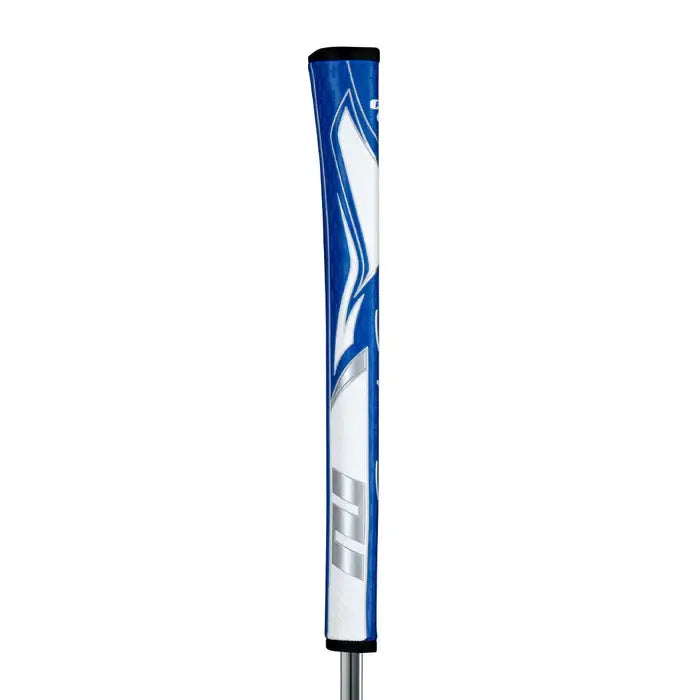 SuperStroke Zenergy Pistol Putter Grip in blue, featuring No Taper Technology for enhanced grip consistency.