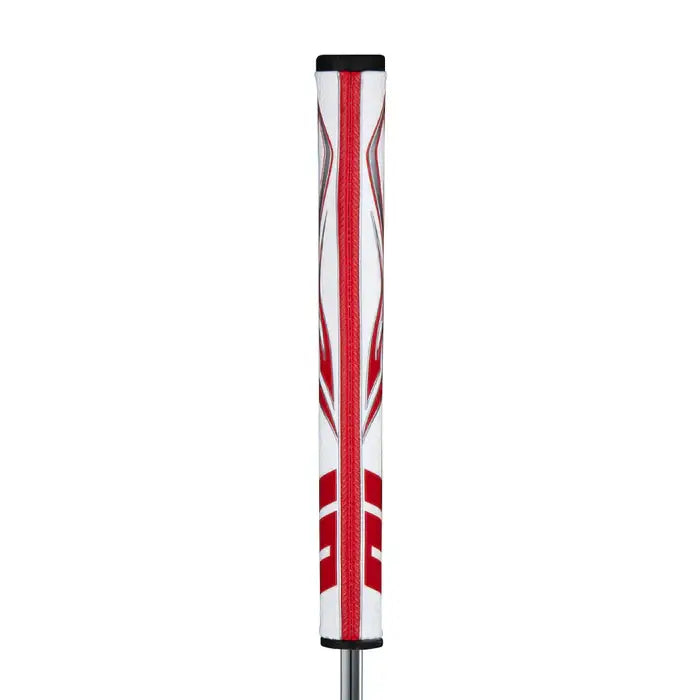 SuperStroke Zenergy Pistol Putter Grip with red and white design for improved grip and stroke consistency.