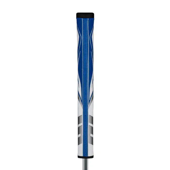 SuperStroke Zenergy Pistol putter grip featuring a blue and white design with no taper technology for improved grip consistency.