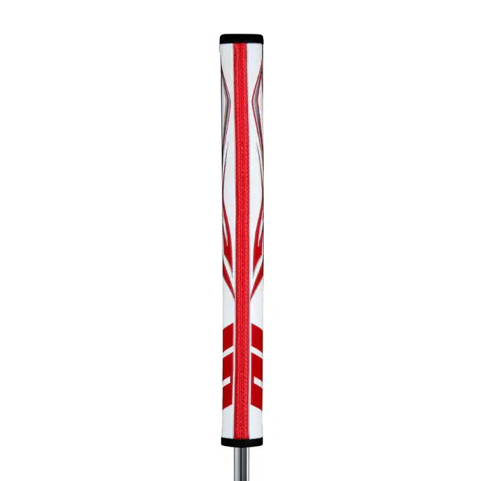 SuperStroke Zenergy Pistol Putter Grip with red and white design, featuring No Taper Technology for enhanced grip consistency.