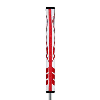 SuperStroke Zenergy Pistol Putter Grip with red and white design, featuring No Taper Technology for enhanced grip consistency.