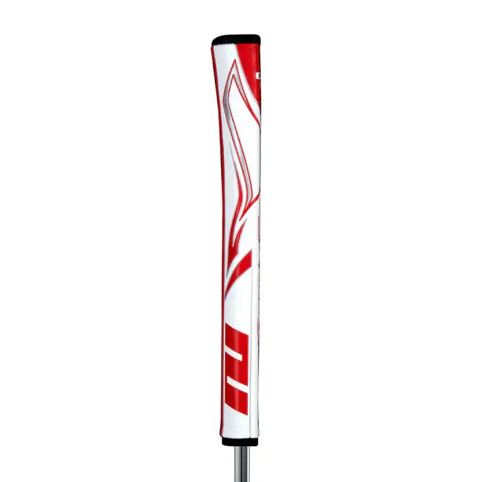 SuperStroke Zenergy Pistol putter grip with sleek red and white design, featuring No Taper Technology for consistent strokes.