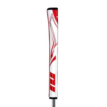 SuperStroke Zenergy Pistol putter grip with sleek red and white design, featuring No Taper Technology for consistent strokes.