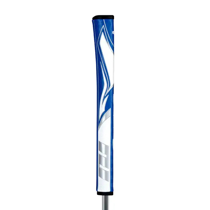 SuperStroke Zenergy Pistol putter grip in blue, featuring No Taper Technology for enhanced grip and stroke consistency.