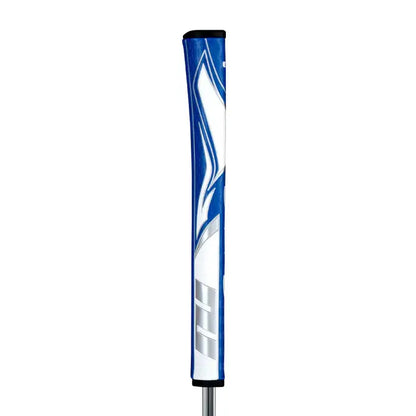 SuperStroke Zenergy Pistol putter grip in blue, featuring No Taper Technology for enhanced grip and stroke consistency.