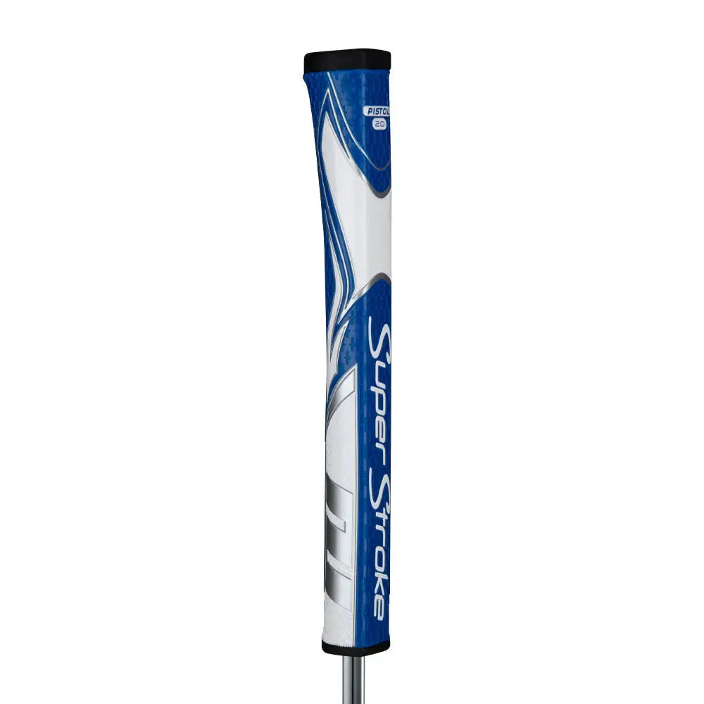 SuperStroke Zenergy Pistol putter grip in blue and white, featuring No Taper Technology for consistent strokes.